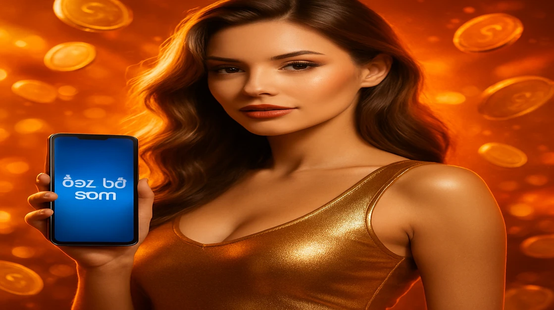 আত্মবিশ্বাসী এক নারী সোনালি পোশাকে, APP স্ক্রিনসহ হাতে ফোন ধরে আছেন; চারপাশে বাংলাদেশি টাকার টোকেন-চিপ ও গেমিং প্ল্যাটফর্ম চিপগুলো ঘেরা, 6zz ব্র্যান্ডটি স্পষ্টভাবে দেখা যাচ্ছে।