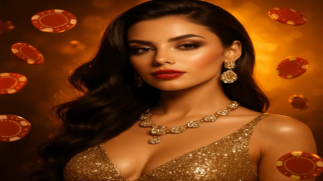 গোল্ডেন পোশাক ও ঝলমলে গহনা পরা এক জাঁকালো নারী, 6zz-এর আলোয় ঘেরা উড়ন্ত গেমিং প্ল্যাটফর্ম-চিপ ও জ্বলজ্বলে আলোতে মগ্ন।