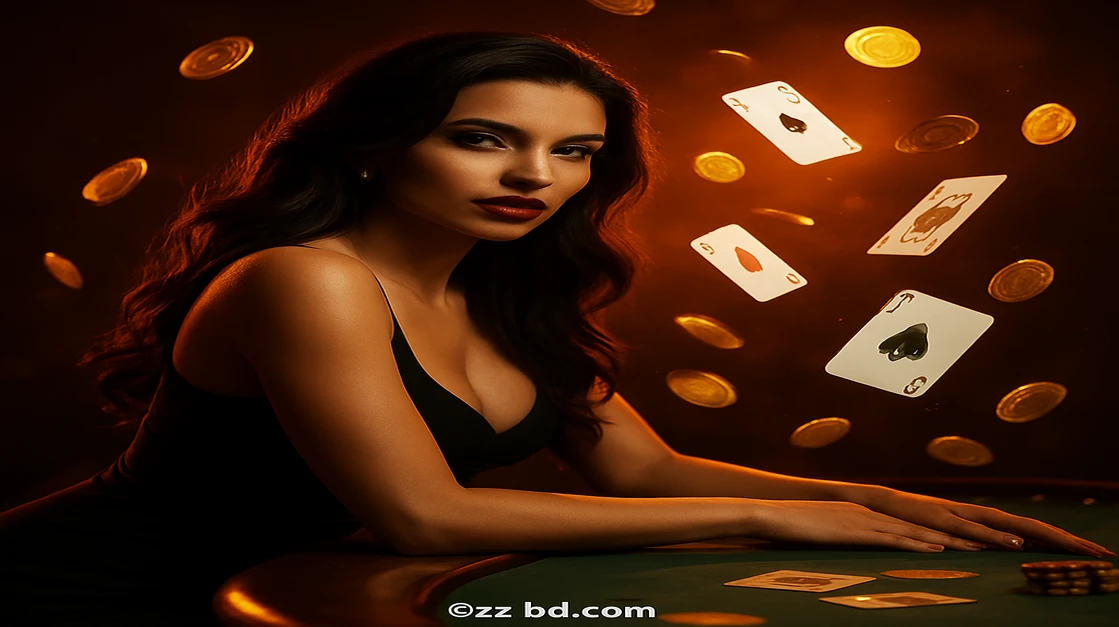 গাঢ় পোশাক পরা নারী 6zz প্ল্যাটফর্ম টেবনের ওপর ভর দিয়ে দাঁড়িয়ে রয়েছে, চারপাশে উড়ন্ত কার্ড ও সোনালি কয়েন ছড়িয়ে রয়েছে; লগইন লেখা।